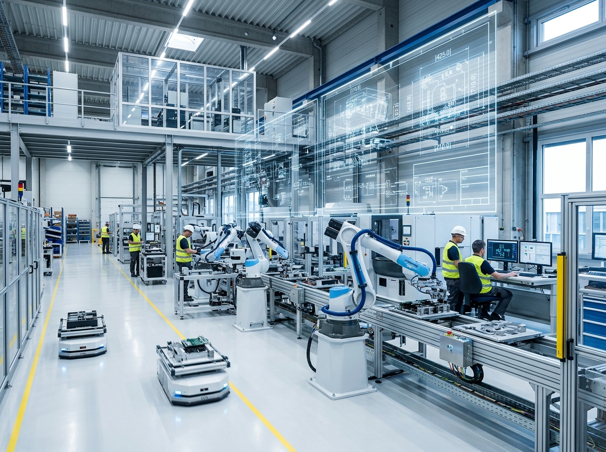 Modern industrial manufacturing facility and robotic engineering plant